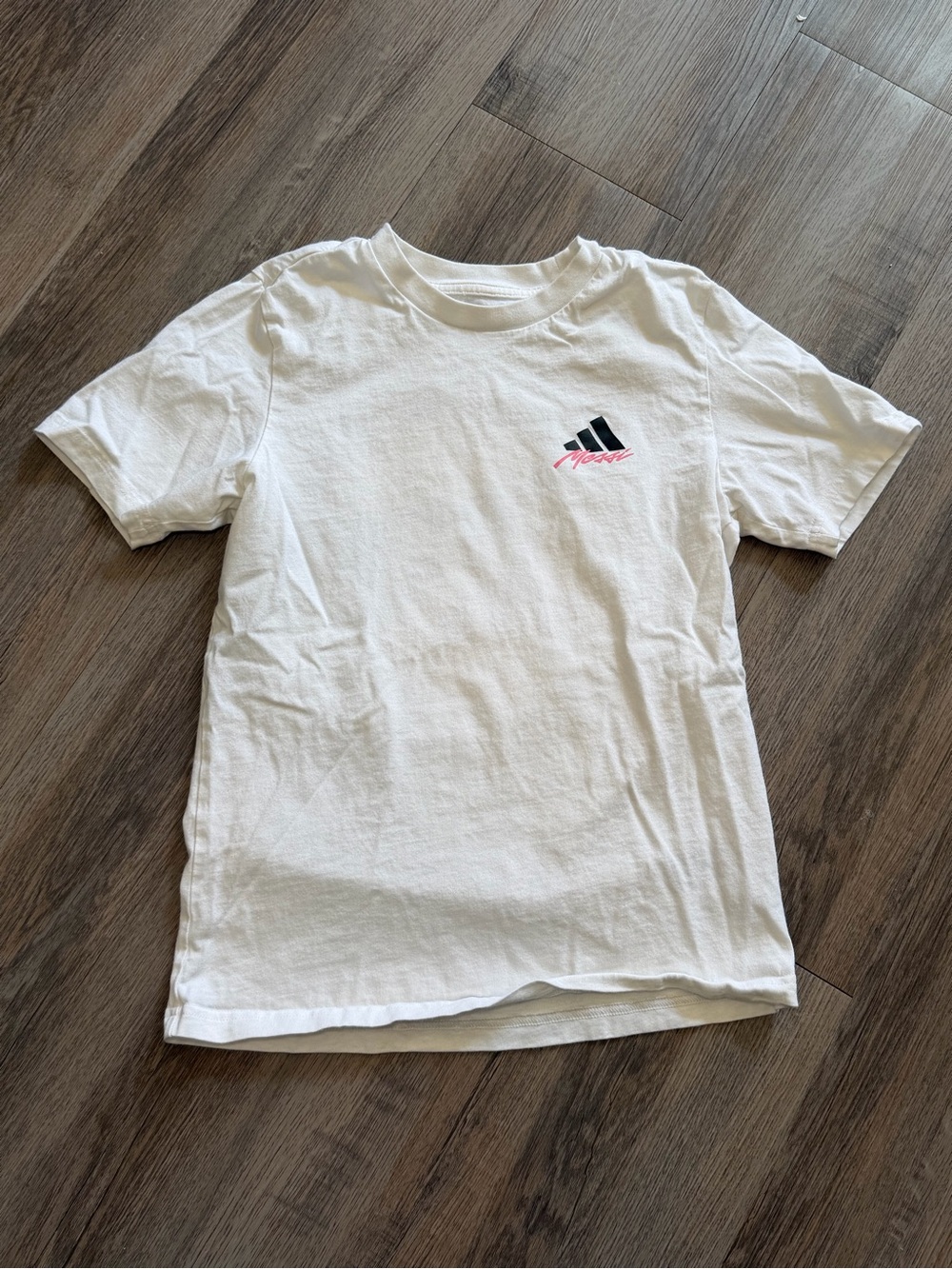 Adidas Messi Soccer White T-Shirt Flamingo Back Graphic Youth Size 11-12Y